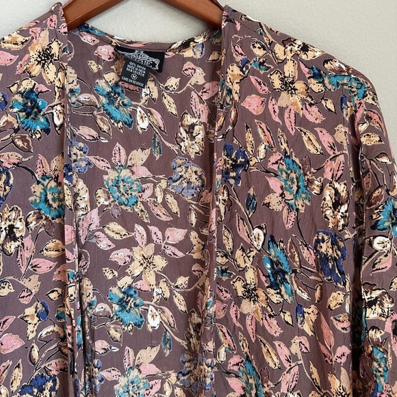 Angie Open Front Short Sleeve Rayon Kimono Cardigan Purple Boho Floral Women's M - Picture 2 of 8